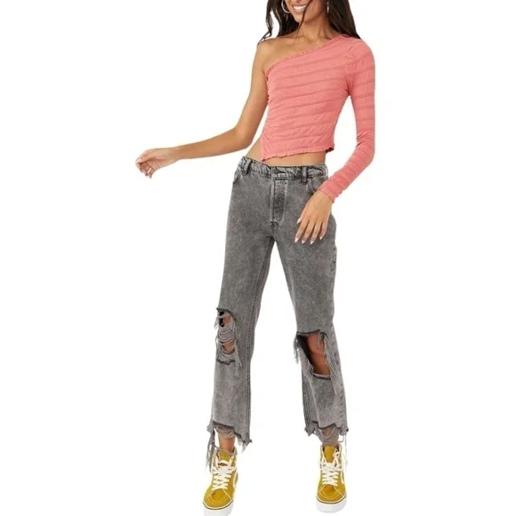 FREE PEOPLE Jasmine One Shoulder One Sleeved Asymmetrical Cotton Top/LG NWT - Picture 4 of 13